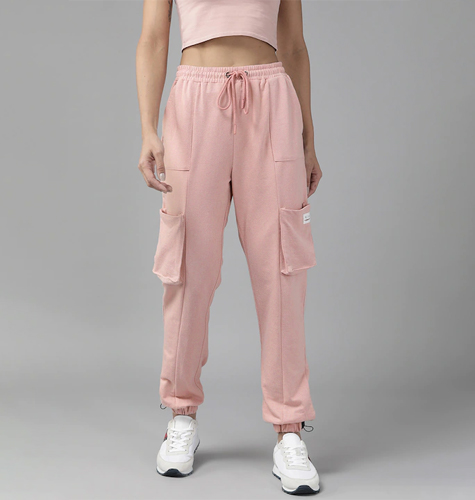 Women Pink High-Rise Solid Cargo Joggers